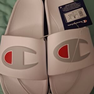 Champion White Slide Sandals with Grey & Red Logo